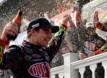 Jeff Gordon celebrates winning the 5 -Hour Energy 500 at Pocono Raceway, his record-tying 5th victory at the track. Credit: John Harrelson/Getty Images for NASCAR